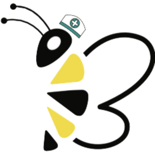 Black and yellow striped Bee. The bee has a white and teal nurses hat and the wings form the letter B