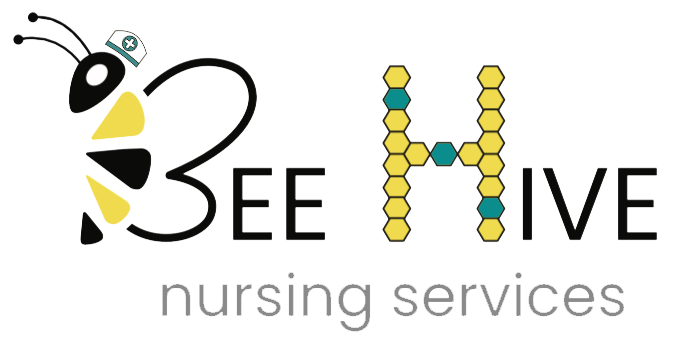 Beehive Nursing Services logo. Black and yellow striped graphical Bee with nurse cap. The bee forms the downward stroke of the letter B. The H is made up of yellow hexagons like a bee hive.