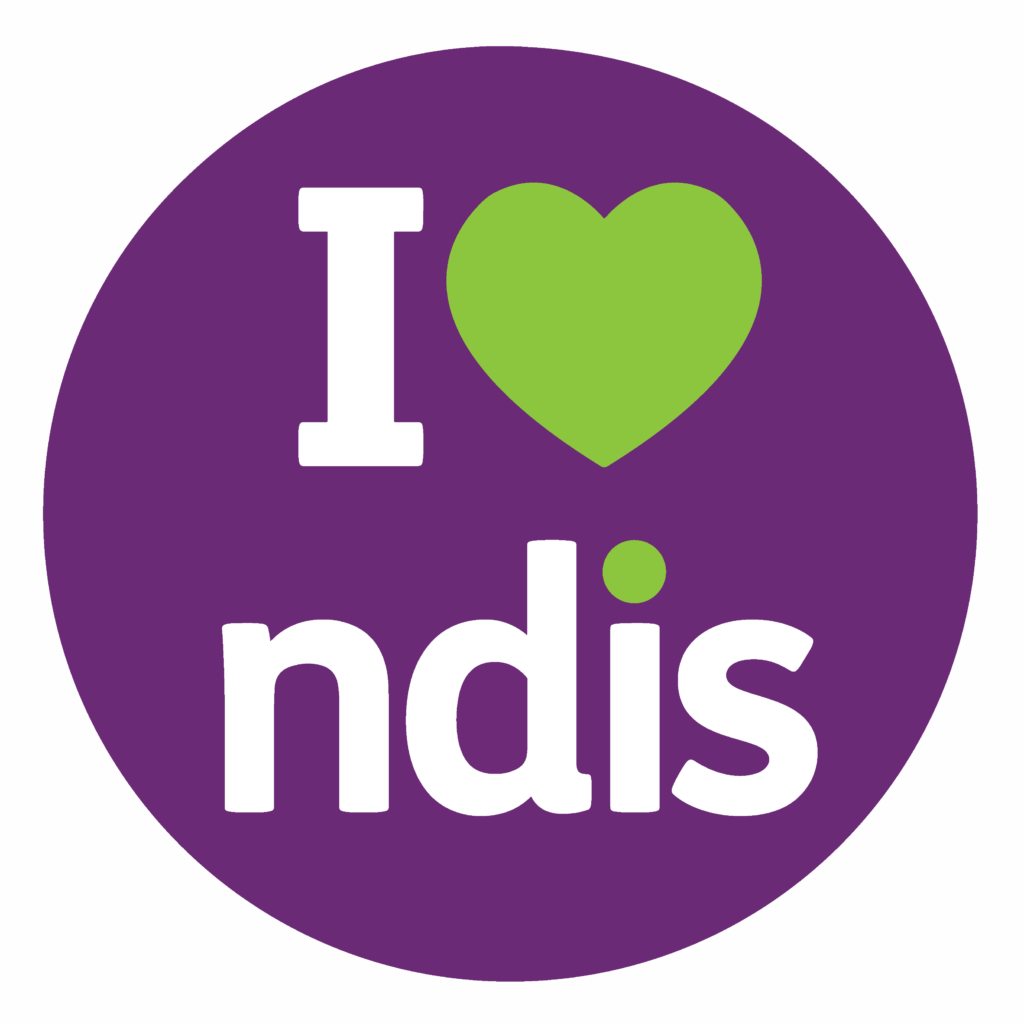 I heart NDIS logo white text on a purple circle and a green heart in place of the word love.
