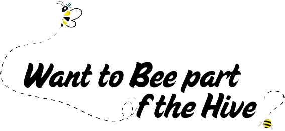 Secondary logo. Want to be part of the Hive? With two illustrated bees around words with dashed flight path shown.